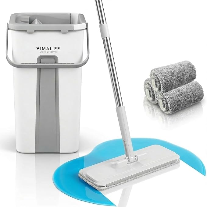 VIMALIFE Mop and Bucket Set with Wringer Self Cleaning Flat Mop and Bucket System 2 Parts Bucket Wash &amp Dry System 360° Rotating 3 Microfiber Pads Included Ideal for Homes Floor &amp Wall Ce