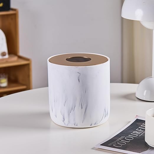 White Marble Textural Mini Trash Can with Rose Gold Stainless Steel Lid Small Countertop Trash Can for Bathroom KitchenDesk Trash CanTable top Mini Garbage CansResin Tiny Waste Basket for Vanity