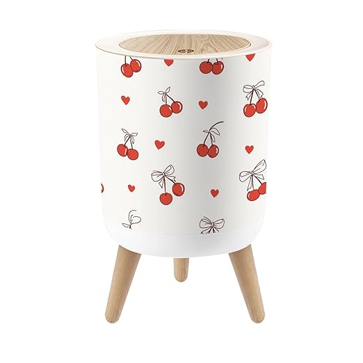 Bathroom Trash Can with Lid Draw Seamless red Cherry Bow Retro Valentine Day Fabric Print Doodle Garbage Bin Waste Basket for Kitchen Office Bedroom Decoration Diaper Pail 1.8 Gallon
