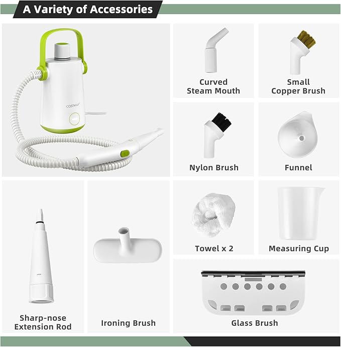 COSTWAY Handheld Multipurpose Steam Cleaner with 300ml (10.2oz) Water Tank Extended Hose &amp Extra-long Cord Portable Heavy Duty Steamer for Garment Windows Tires 10 Piece Accessory Set (Green