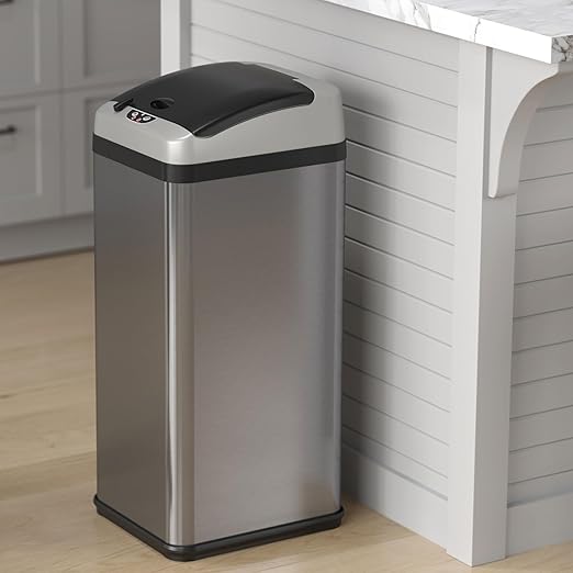 iTouchless 13 Gallon Automatic Touchless Sensor Kitchen Garbage Can with AC Adapter and Odor Filter Deodorizer Includes Waterproof Reusable Vinyl Trash Sticker Stainless Steel/13 Gal