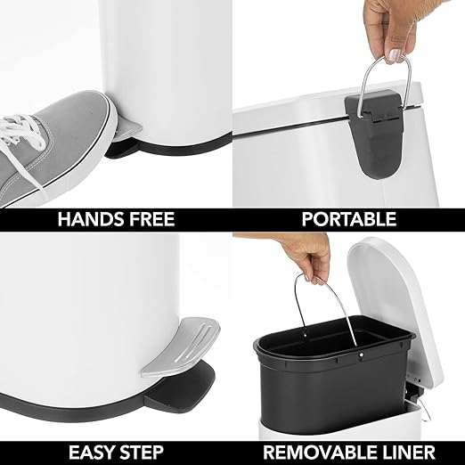 mDesign 10 Liter/2.6 Gallon Stainless Steel Metal Step Trash Can Garbage Bin for Bathroom Bedroom Home Office - D-Shape Trashcan with Foot Pedal/Lid Removable Liner Bucket with Handles White