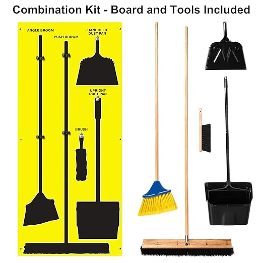 Clean &amp Sweep 5S Shadow Board/Wall Mount Broom Holder 68 x 30 Board 5S Cleaning Station - with Broom and Dustpan Set Included Made in The USA by AccuformNMC Yellow/Black PSB116YLBK