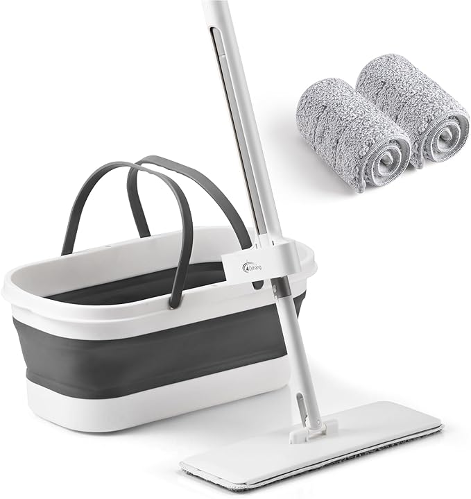 Oshang Flat Mop and Collapsible Bucket OG7 with Wheels 2 Washable Reusable Microfiber Pads Pure White