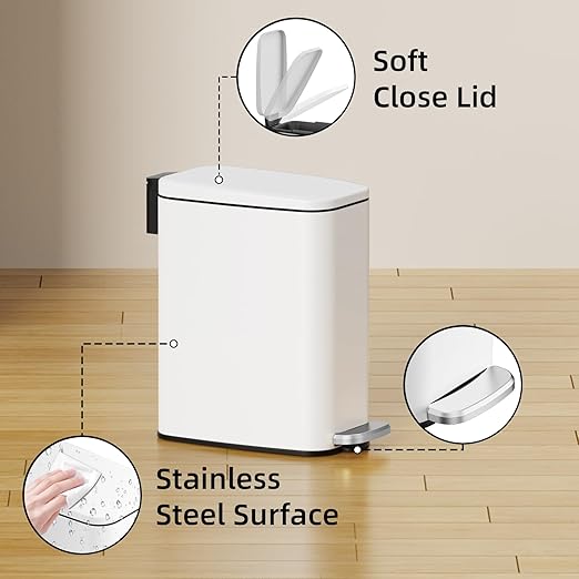 Small Bathroom Trash Can with Lid Soft Close Step Pedal 6L / 1.6 Gal Stainless Steel Garbage Bin with Removable Inner Bucket Slim Wastebasket for Narrow Spaces (White)