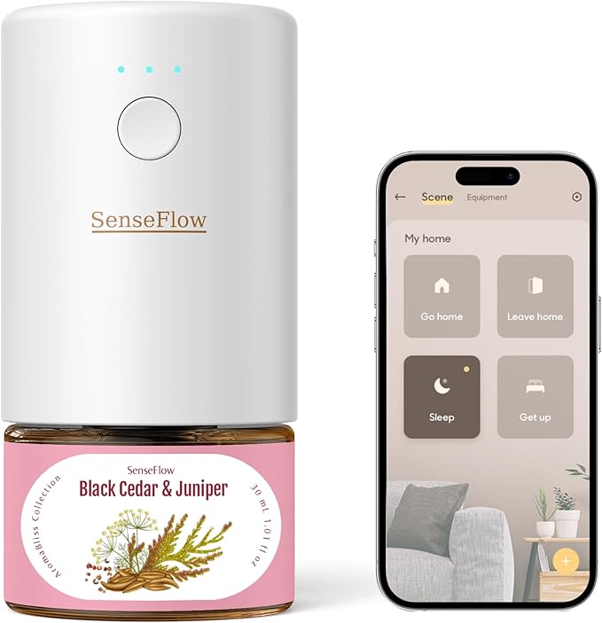SF101S Pro Smart Plug in Air Freshener for Home Waterless Essential Oil Diffuser Aromatherapy Home Diffuser 120-Day Natural Aroma Mist Covers 1000 Sq Ft – Free 30ml Black Cedar &amp Juniper