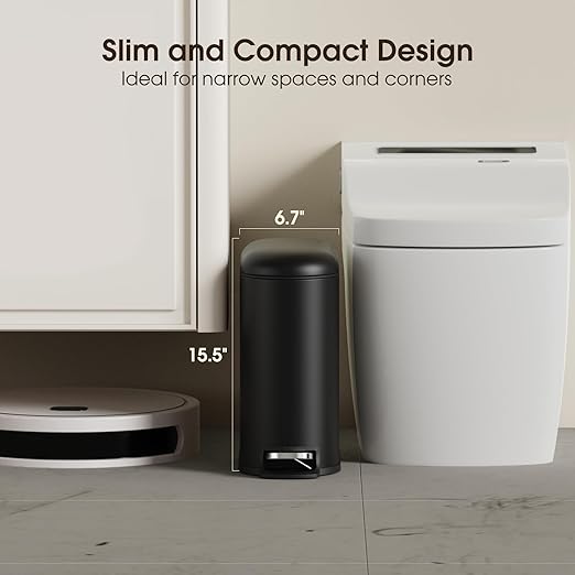 CEROELDA Small Bathroom Trash Can with Lid Soft Close 5L/1.3 Gallon Stainless Steel Slim Garbage Can Metal Waste Basket with Step Pedal for Office Bedroom Toilet Dorm Room (Black 1.3 Gallon)