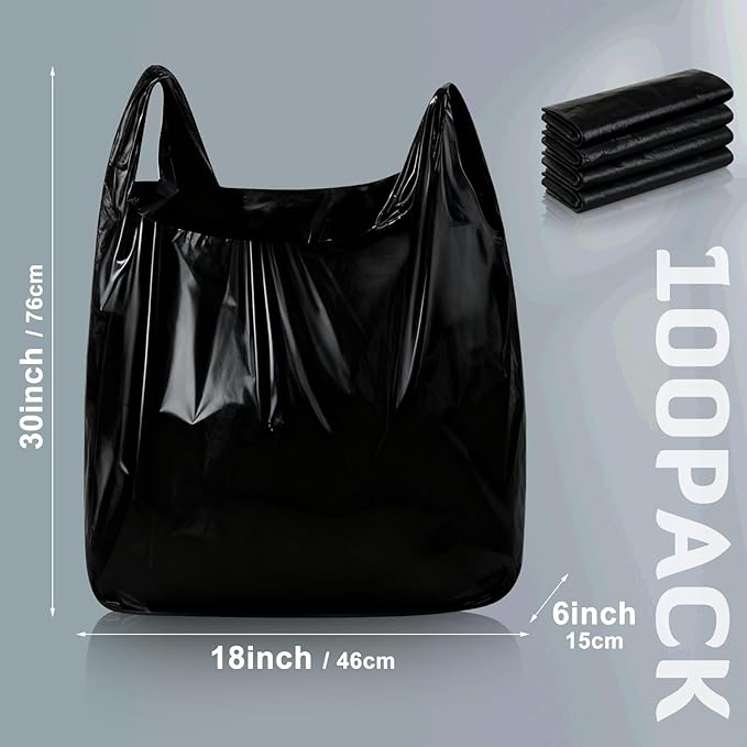 100 Pack 30'' x 18'' x 6'' Extra Large Black Plastic Shopping Bags(0.8 Mil Thick) Reusable Heavy Duty Large T-shirt Grocery Bags Bulk with Handles for Restaurant Retail Business