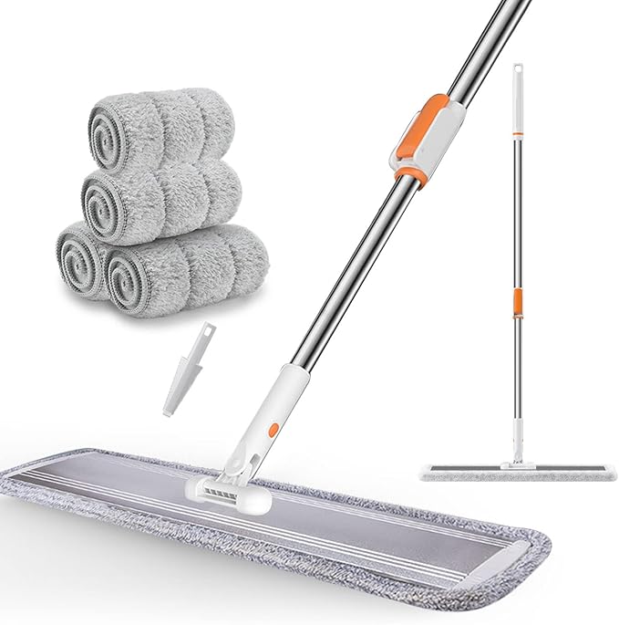32-Inch Microfiber Flat Mop for Floor Cleaning - Commercial Wide Mop with 360° Rotation Stainless Steel Handle &amp 4 Reusable Washable Pads - for Hardwood Laminate Tile Dust and Wet Mopping