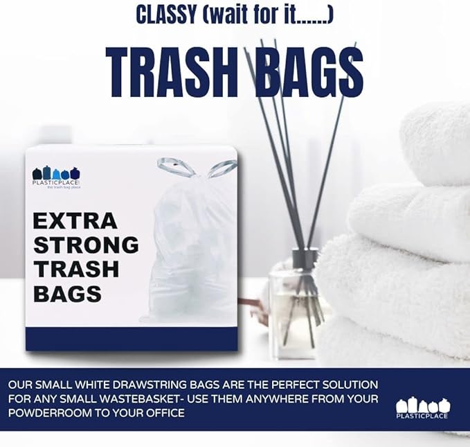 Plasticplace 6 Gallon Trash Bags White Drawstring Garbage Can Liners 17” x 20” for Bathroom Kitchen Office Car Small Trash Bags Leak-Proof &amp Tear-Resistant 100 Count (Pack of 2)