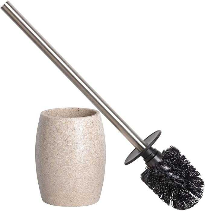 Toilet Bowl Brush and Holder with Stainless Steel Long Handle Toilet Scrubber Brush with Durable Base 360° Deep Cleaning Bristles for Bathroom Compact Set for Small Space (Beige)