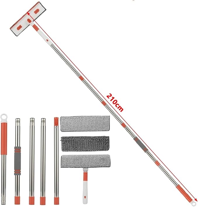 180° Rotatable Long Handle Window Mop – Glass Cleaner with Silicone Scraper and Brush – Household Cleaning Tool for High Windows(210cm - Hooks)