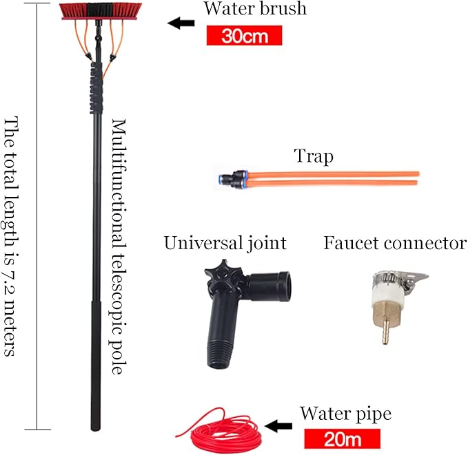 Water Fed Pole Kit Window Cleaner Kit Water/Hose Fed Pole Window Cleaning Brush Equipment Washing Set Equipment Extension Pole Cleaning 24FT/7.2M-30CM