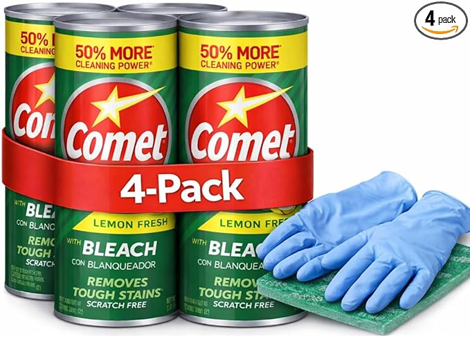 4-Packed Cømet 21 oz. All Purpose Abrasive Powder Cleanser with Bleach Lemon + 1 Pair Industrial Nitrile Gloves (Powder-Free 4 Mil Medium) + 3M General Purpose Scouring Pads