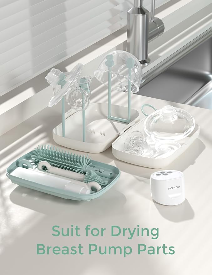 Momcozy Bottle Brush Set - Baby Bottle Cleaner Kit with Silicone Brush Nipple Brush Straw Brush Soap Dispenser Drying Rack - 7 in 1 Bottle Cleaning Tool for Home and Travel Green (Pack of 2)