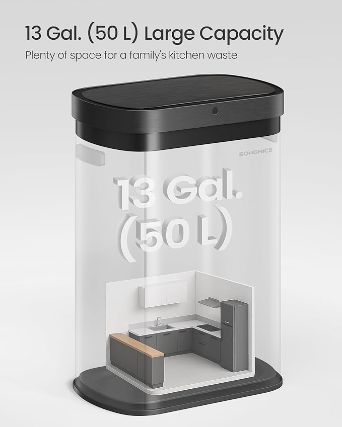 SONGMICS Motion Sensor Trash Can 13-Gallon (50 L) Automatic Garbage Can with Soft Close Lid Stainless Steel Wave or Touch to Open Includes 15 Bags Metallic Silver and Ink Black ULTB640E01