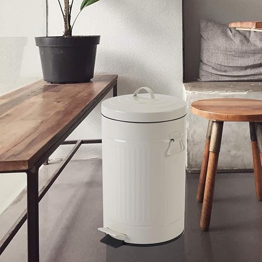 White Trash Can with Lid Bathroom Bedroom Waste Basket Soft Close Small White Garbage Can Retro Vintage Home Office Trash Can 12 Liter/3 Gallon Glossy Cream White