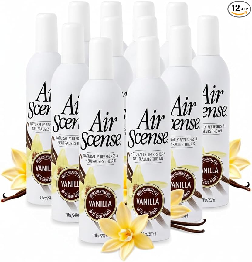 Air Scense Air Freshener Deodorizer Room Spray for Bathroom &amp Home Essential Oils Natural Vanilla - 7 fl oz (12 Pack)