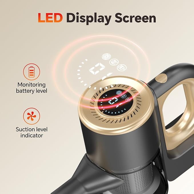 Cordless Vacuum Cleaner Powerful Suction Vacuum Cleaners for Home Stick Vacuum Cordless Rechargeable with LED Screen and 3-Speed Suction Lightweight Vacuum for Hard Floors Carpets Pet Hair Gold