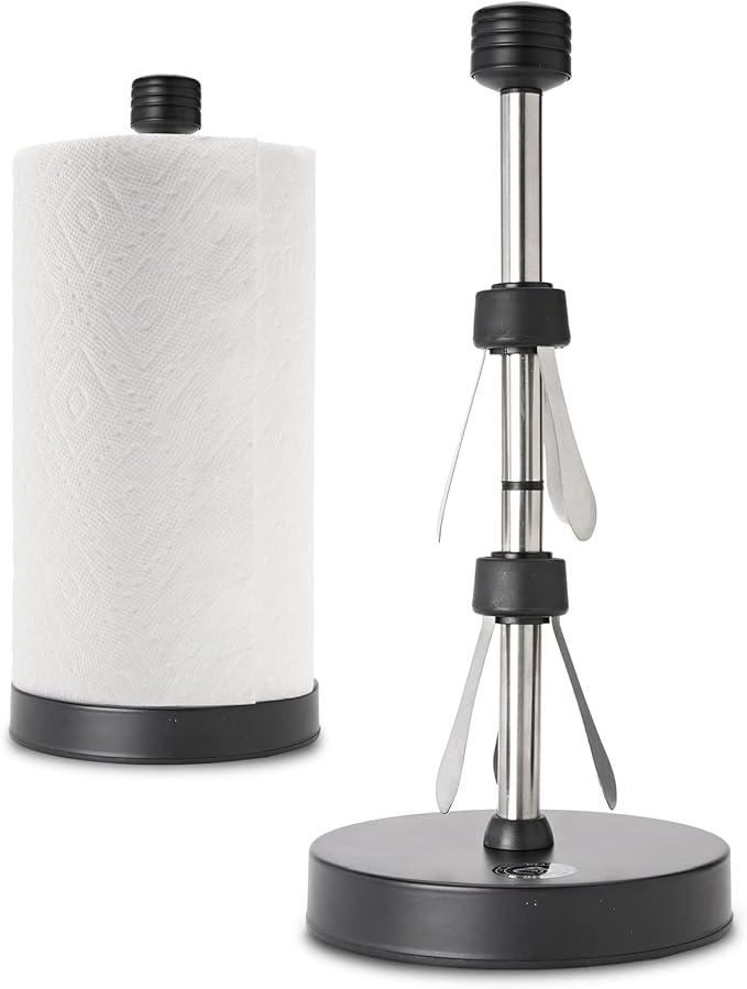 Heavy-Duty Stainless Steel Paper Towel Holder - Easy One-Handed Tear with Suction Cups - Modern Weighted Standing Countertop Dispenser for Kitchen - Holds All Paper Towel Rolls Black