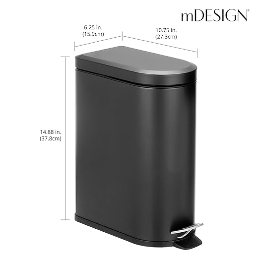 mDesign Small 2.6 Gallon/10 Liter Stainless Steel Metal Step Trash Can Garbage Bin for Bathroom Bedroom Home Office D-Shape Trashcan with Foot Pedal/Lid Removable Liner Bucket with Handles Black