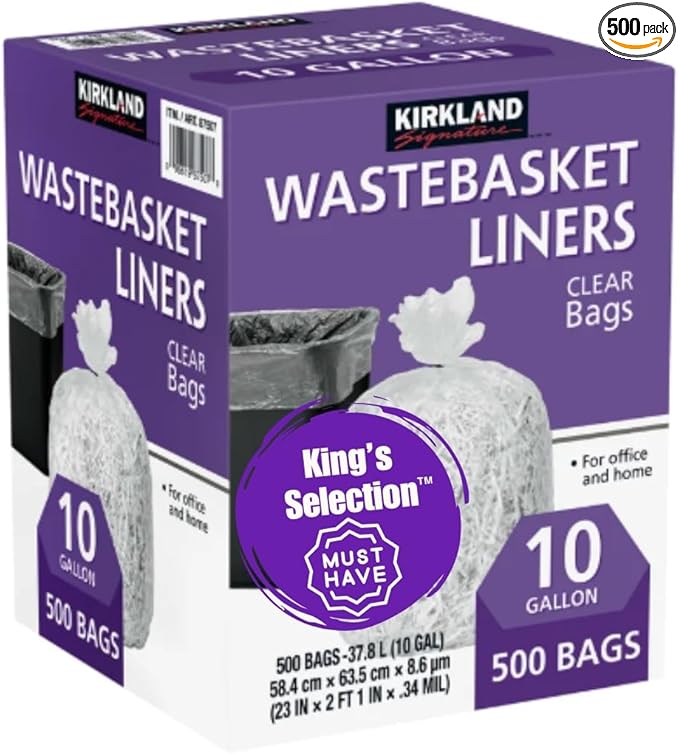 King's Selection x Kirkland Signature 10 Gallon Clear Plastic Trash Bags 23 x 25 Inches 0.34 Mil 125/Roll 4 Rolls/Case (500 Bags Total Family Bundle packaging)