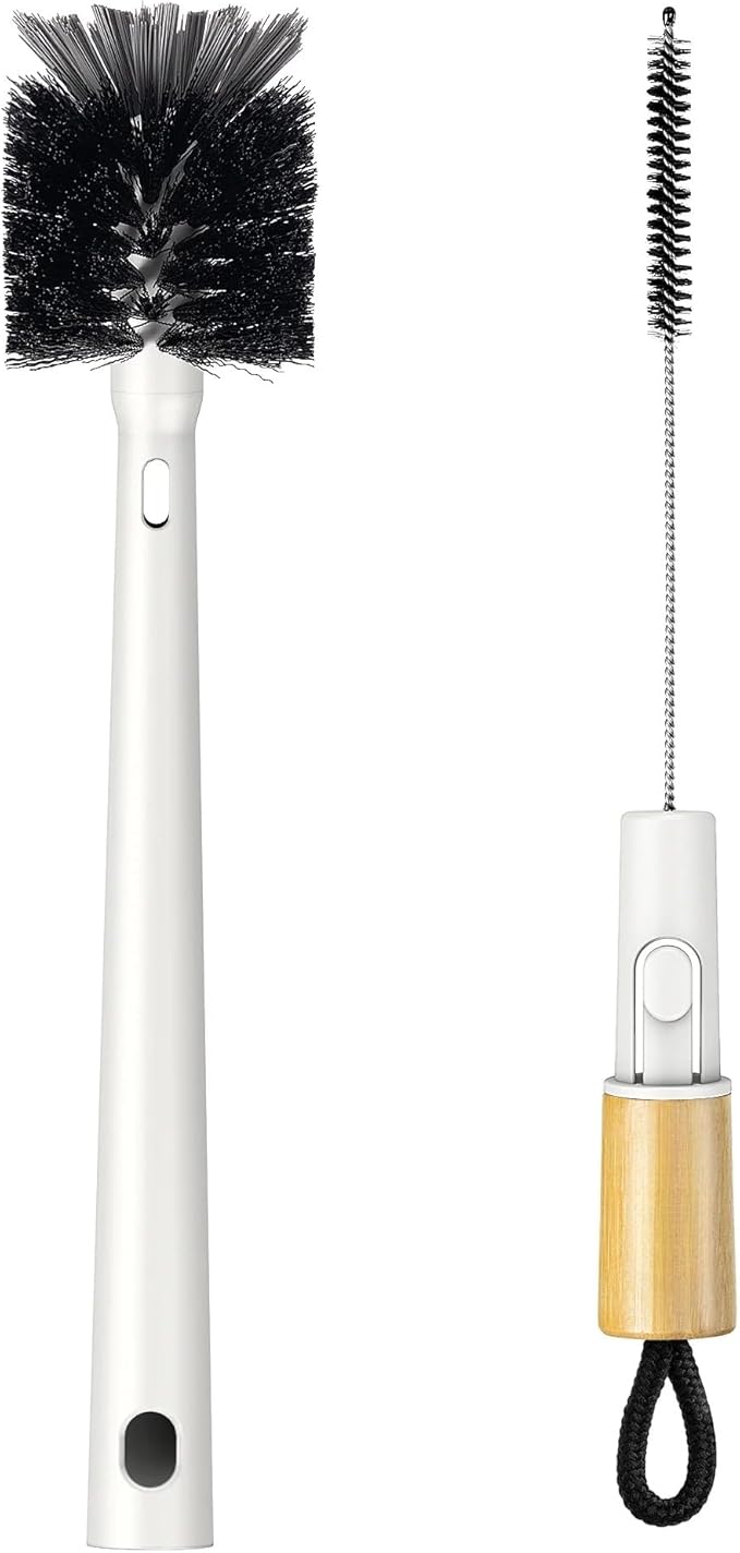 2-in-1 Water Bottle Brush with Straw Cleaner Bamboo Handle 14.2 Inch Long Reach for Tumblers and Baby Bottles 2.3 Inch Wide Head Gray Nylon Bristles