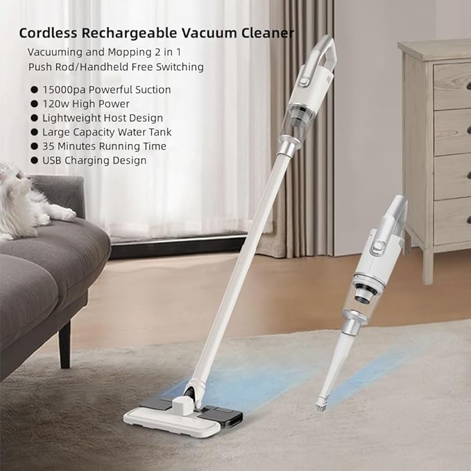 Cordless Stick Wet Dry Vacuum Cleaner with Mop 15000pa Suction Lightweight Stick Vacuum Mop All in One Handheld Vacuum Household Upright Vacuum Cleaner and Mop Combo for Hard Floor Pet Hairs (Black)