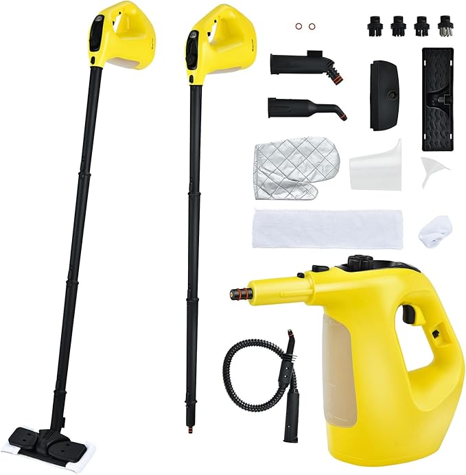 GOFLAME Multipurpose Handheld Steam Cleaner 1400W Pressurized Steamer with 17 Pieces Accessory Set 350 ml Portable Steam Mop for Home Floor Carpet Window Car (Yellow)