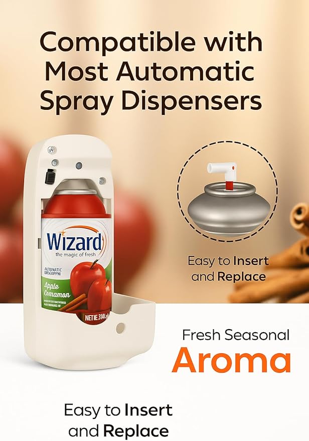 Wizard Automatic Spray Refill – Apple Cinnamon 5 oz (12 Pack) | Compatible with Air Wick Freshmatic &amp Glade Dispensers | Long Lasting Odor Neutralizer for Home &amp Office
