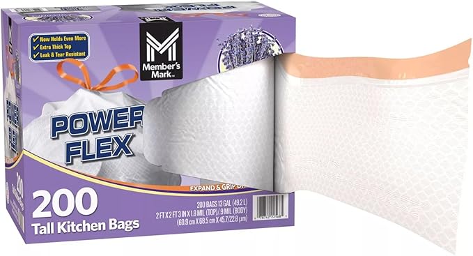 Member's Mark Power Flex Tall Kitchen Drawstring Trash Bags (13 Gallon 2 Rolls of 100 ct. 200 count total)