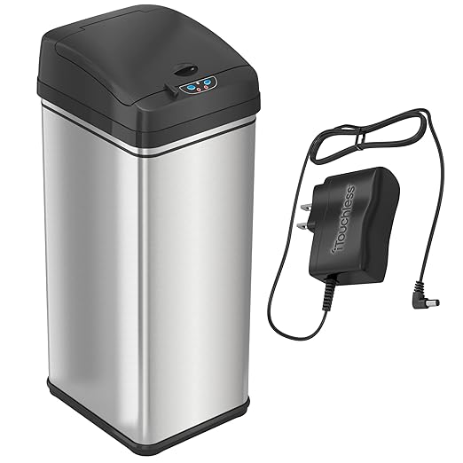 iTouchless 13 Gallon Sensor Trash Can with AC Adapter Battery-Free Stainless Steel Automatic Bin with Odor Filter Great for Kitchen and Office