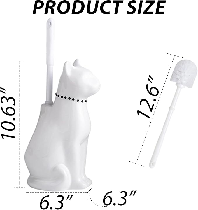 Comeon Ceramic Cat White/Black Toilet Brush and Holder Set Plastic Handled Scrub Brush for Bathroom Cleaning10.63*6.3 (White)
