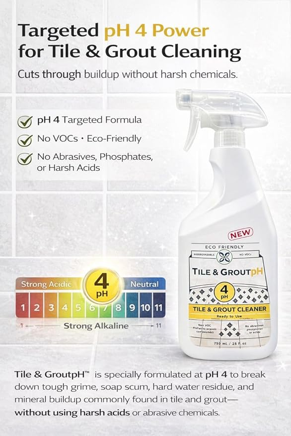Tile &amp Grout pH – Eco-Friendly Acidic Tile &amp Grout Cleaner (pH 4) – Removes Hard Water Soap Scum &amp Grime – No VOCs Biodegradable 25 fl oz