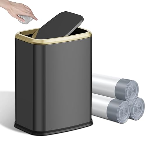 8L/2.1 Gal Small Bathroom Trash Can with Lid Swing-Top Rectangular Waste Bin Stainless Steel Garbage Can for Home Office Toilet Bedroom Living Room (Titanium Black)