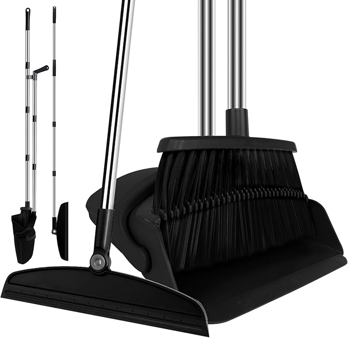 Broom with Dustpan Combo Set and Silicone Air Broom Kit 51 Long Handle Floor Squeegee Black Household Kit for Glass Window Rugs Pet Hair Home