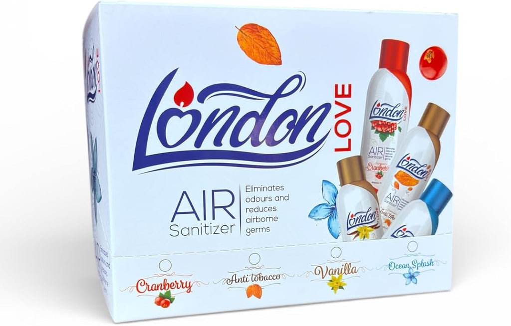 London Love Air Freshening Spray – (12 Count 4 Scents) Features 3 of each scent (Ocean Splash Anti Tobacco Cranberry Vanilla) – Odor Eliminator for Home Car Office &amp More
