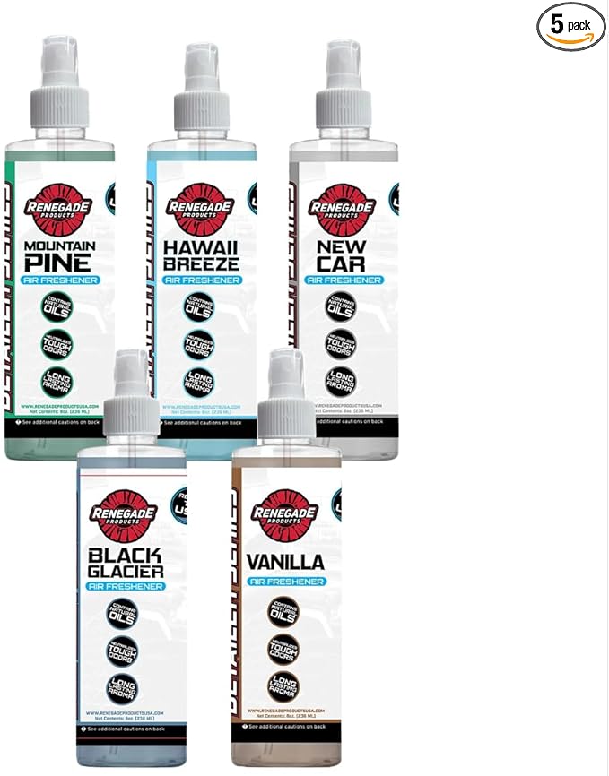 Renegade Products Classic Air Freshener Bundle – 5-Pack Spray Scents for Cars Trucks &amp Home – Includes Black Glacier Pine New Car Vanilla &amp Hawaii Breeze