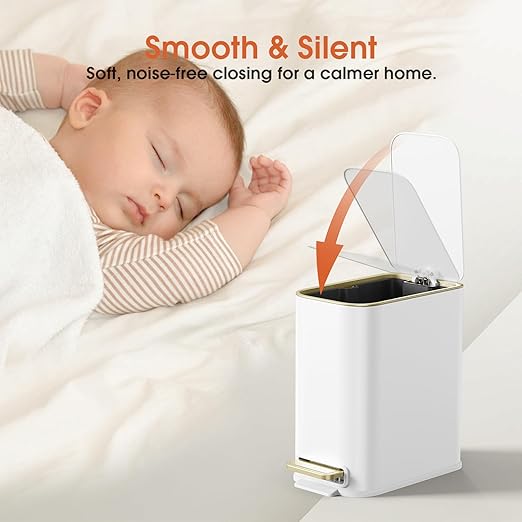 Small Bathroom Trash Can with Lid Soft Close 5L / 1.3 Gallon Slim Garbage Can with Removable Inner Bucket Step Stainless Steel Trash Bin for Office Bathrooms Bedroom Living Room (White)