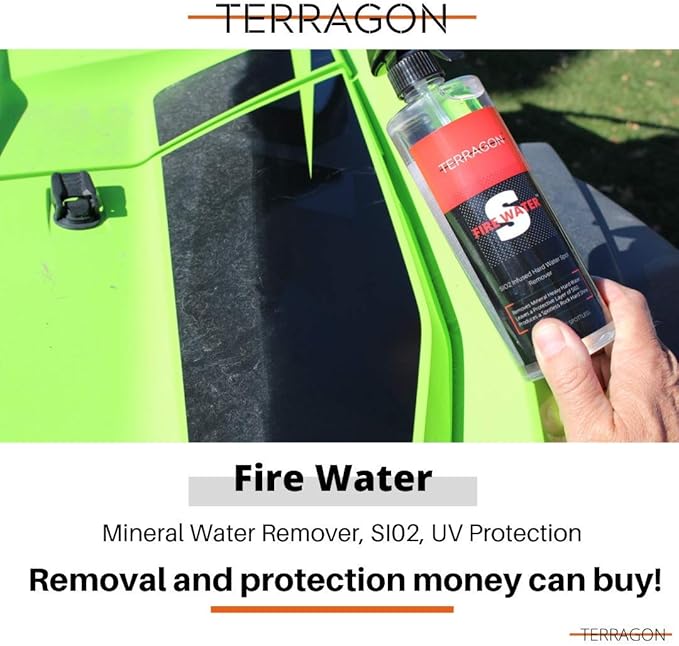 Terragon Fire Water is the first-ever SI02 Infused Water Spot Remover not only does it clean but also protects and leaves behind a brilliant U.V. Inhibitanting SHINE.