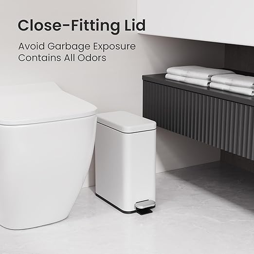 Cesun Bathroom Trash Can with Lid 2.6 Gallon Small Bathroom Garbage Can Soft Close Stainless Steel Waste Basket with Step Pedal for Bedroom Laundry Room Living Room Home Office Toilet RV White