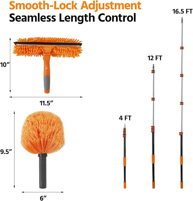 23 ft High Reach Window Squeegee &amp Cobweb Duster with Extension Pole 2 in 1 Squeegee for Window Cleaning Spider Web Brush with Lightweight 4-16.5 ft Telescoping Pole for Outdoor Indoor Car Clean