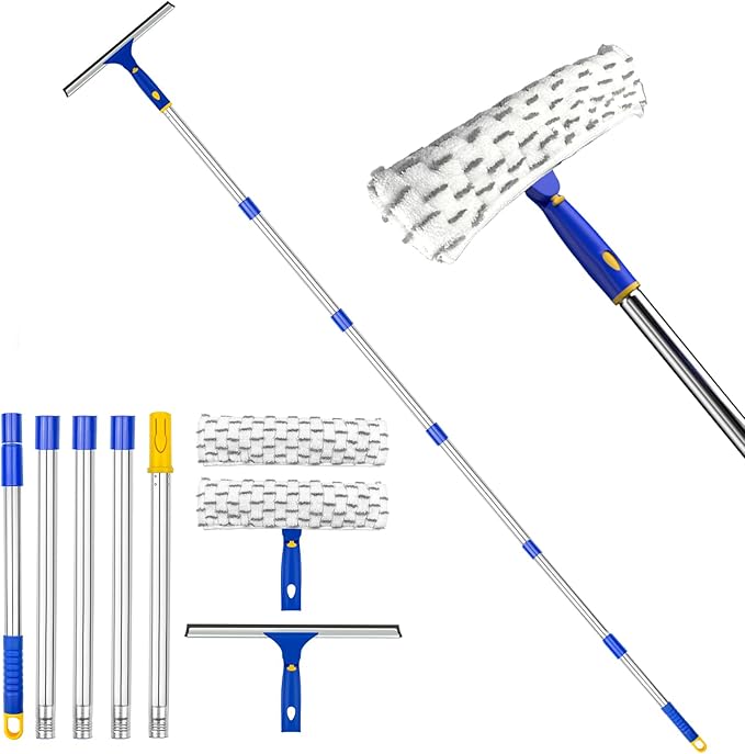 ITTAHO 81 Window Squeegee Cleaner Window Cleaning Tool Kit12 Squeegee and 11 Microfiber Scrubber Combi with Stainless Steel Pole for CarSliding DoorShower Glass Door-Swivel Style-2 Pads