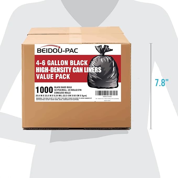 4-6 Gallon Trash Bags 1000 Count Bulk Value Pack Black Garbage bags Multi-purpose Trash Can Bin Liners for Bathroom Office Industrial Commercial Janitorial Municipal Recycling