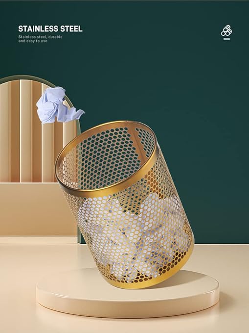Mesh Wastebasket Round Mesh Stainless Steel Wastebasket Trash Can Recycling Bin for Home Office Bathroom Bedroom &amp Kitchen 3.5 Gallon / 12L 11 H x 10 D Garbage Can-Rose Gold