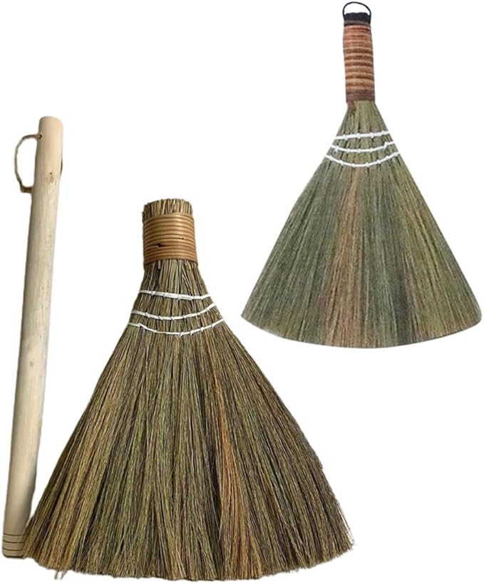 Kichvoe 2pcs Handwoven Brooms with Detachable Long Handles Soft Straw Household Dust Removing Sweepers for Living Room Cleaning and Desktop Dusting