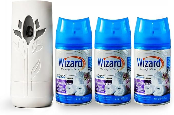 Wizard Automatic Spray Refill and Holder Kit Air Freshener for Home and Bathroom Freshley Folded Linen 5 Oz3 Count