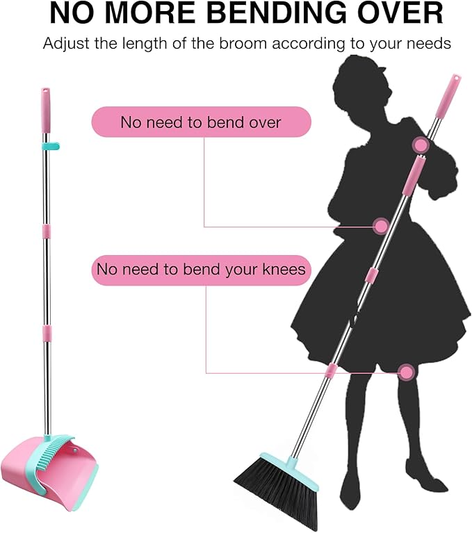 Broom and Dustpan Set 52-in Long Adjustable Handle Broom Dustpan Combo with Dust pan Teeth to Automatically Clean Hair Suitable for Home Kitchen Office Hall Floor (Pink&ampBlue) 2 Pack