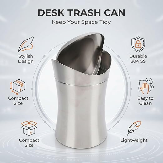 Compact Mini Countertop Trash Can 304 Stainless Steel 1.5 Gallon with Swing Lid - Odor Control Easy Clean Design Tiny Garbage Desktop Trash Cans Ideal for Home Office Bathroom Use