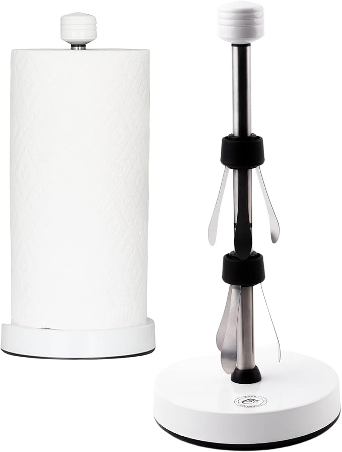 Heavy-Duty Stainless Steel Paper Towel Holder - Easy One-Handed Tear with Suction Cups - Modern Weighted Standing Countertop Dispenser for Kitchen - Holds All Paper Towel Rolls White